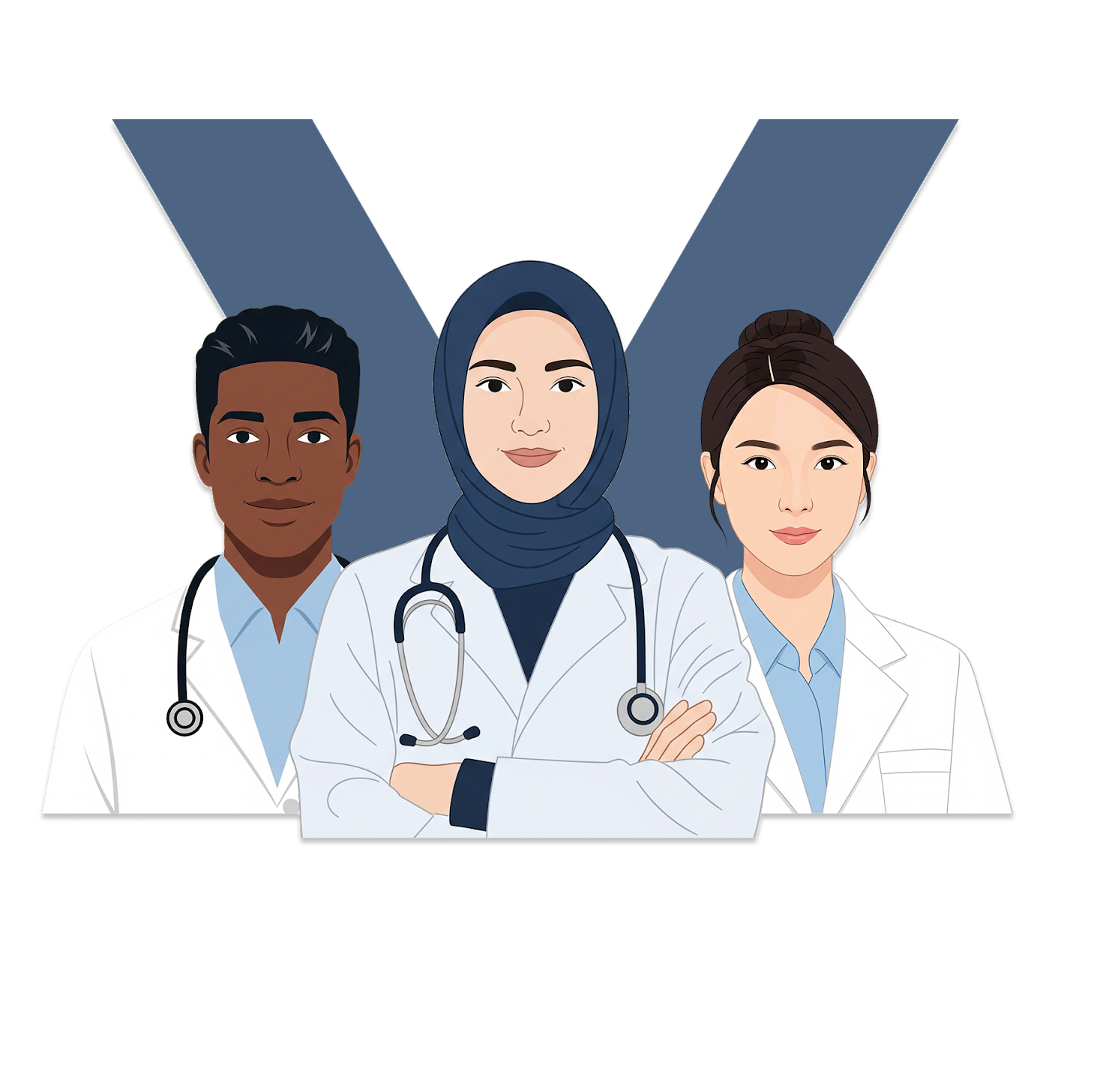 Graphic of 3 medical experts layered over a blue 3D Xpertly logo