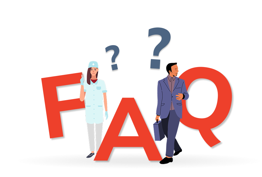 Graphic of 3D FAQ letters with medical expert and lawyer standing between letters