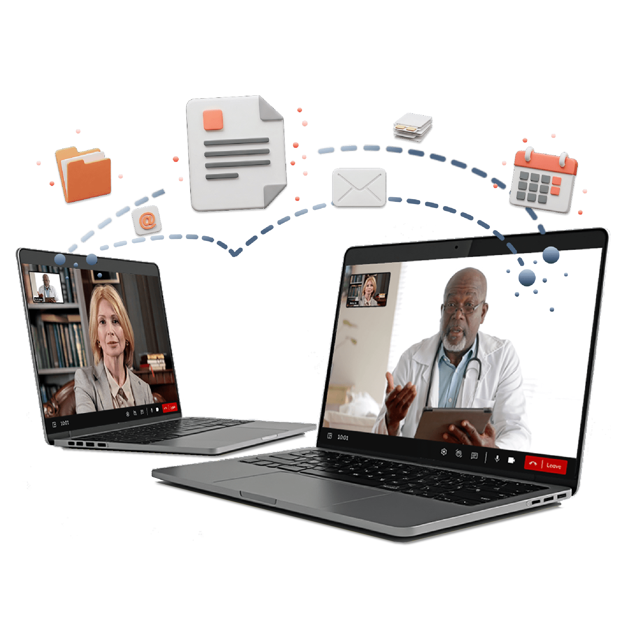 Two laptops showing a lawyer and medical expert on a video call with a dashed line connecting the two laptops.